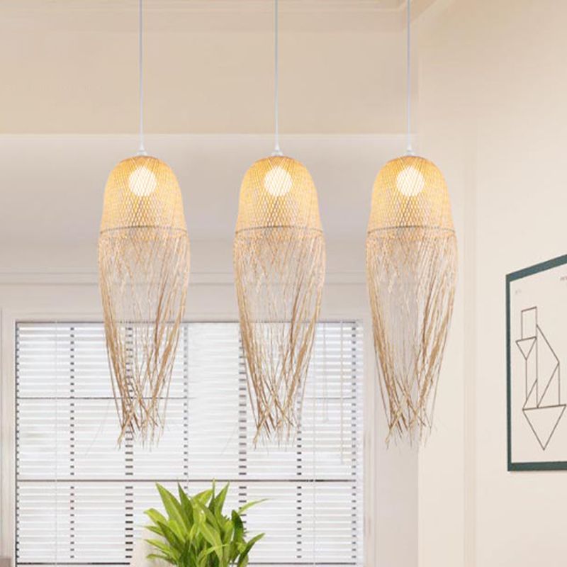 Handgestritztes Anhänger Licht mit Quasten Design Moderner Bambus 1 Kopf Beige Hanging Lampe für Esszimmer