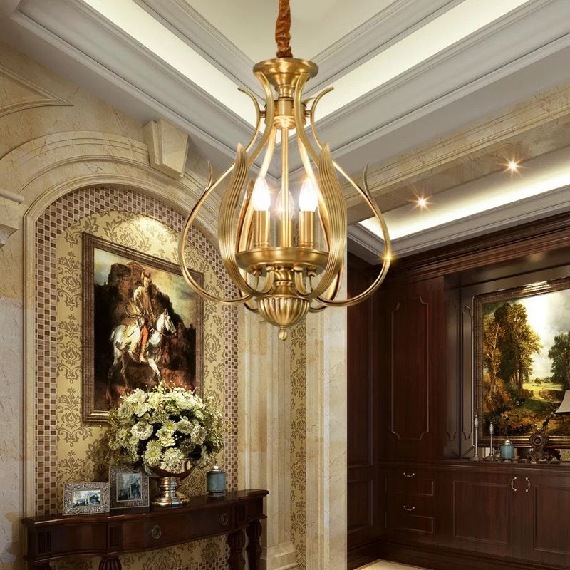 3 Bulbs Candle Hanging Chandelier Colonial Gold Metal Ceiling Suspension Lamp for Restaurant