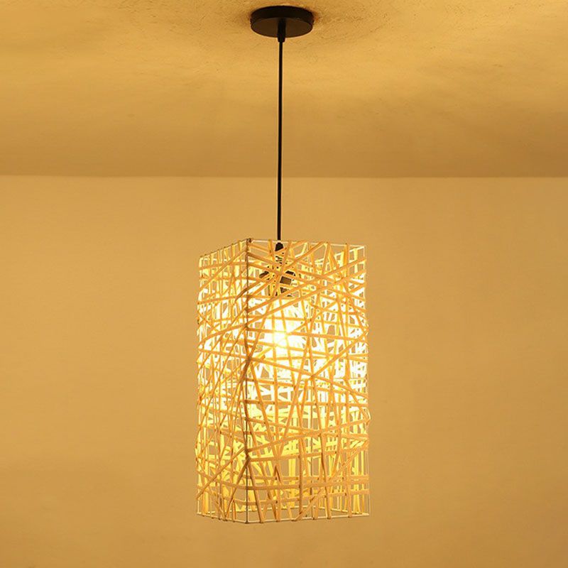 Cottage Woven Shade Drops Cioncant Wood 1 Bulb Restaurant Hanging Light Kit in beige