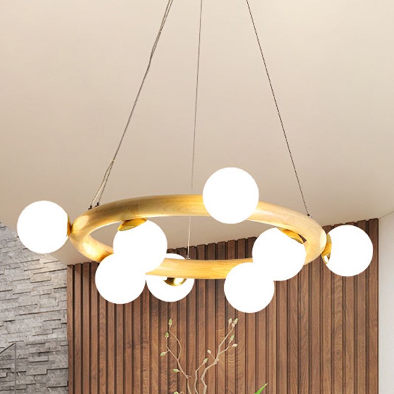 Wood Ring Suspension Light with Bubble Shade Japanese Style Pendant Light in Beige for Study Room