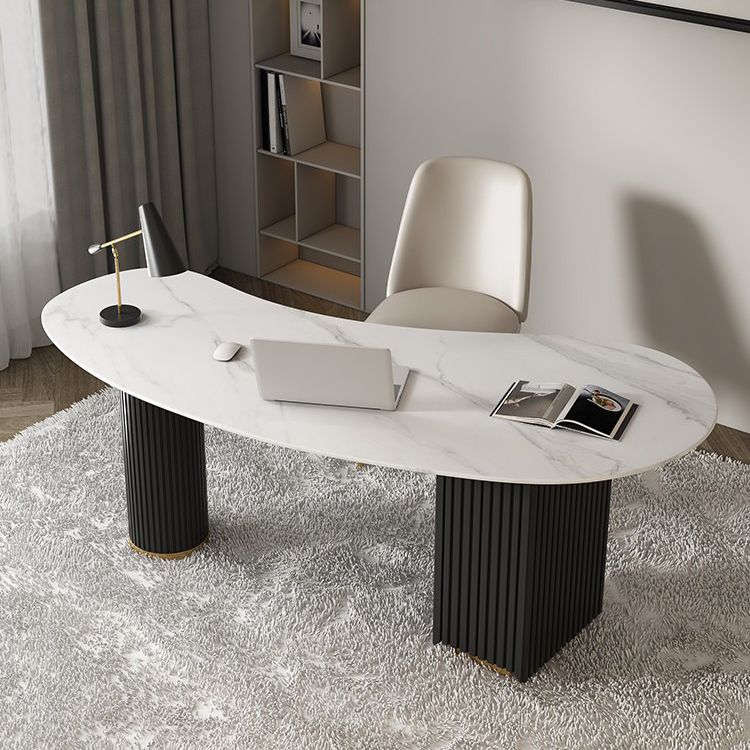 Contemporary Marble Computer Desk for Home 30"H Desk with Wooden Legs