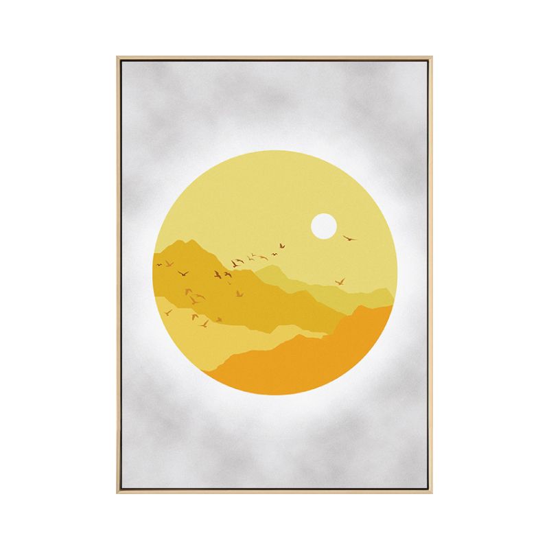 Sunset Mountain Canvas House Interior Scenery Drawing Art Print in Yellow for Decor