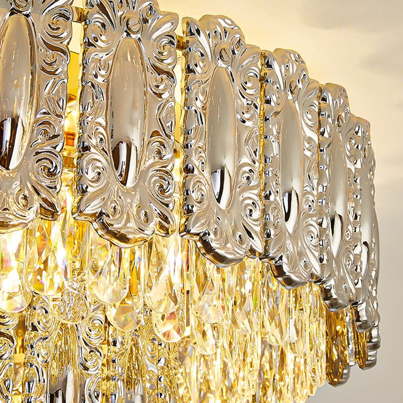 Iron and Crystal Drum Ceiling Flush in Gold Contemporary Flush Mount