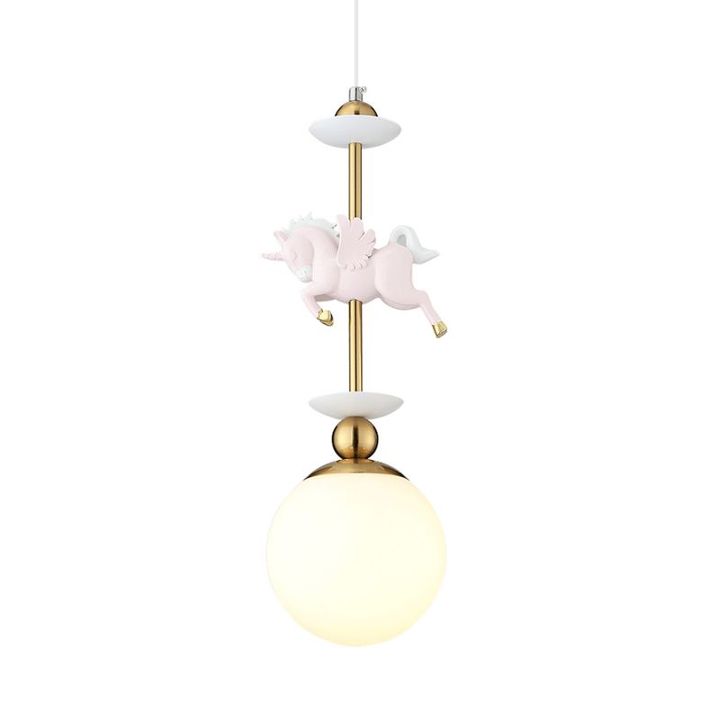 Modern Globe Hanging Light Glass 1 Head Bedroom Pendant Lamp with Unicorn Decoration in Pink