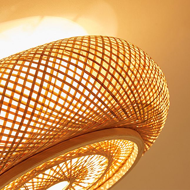 Bamboo Weaving Round Hanging Lamp Chinese Wooden Suspension Lighting Fixture for Bedroom