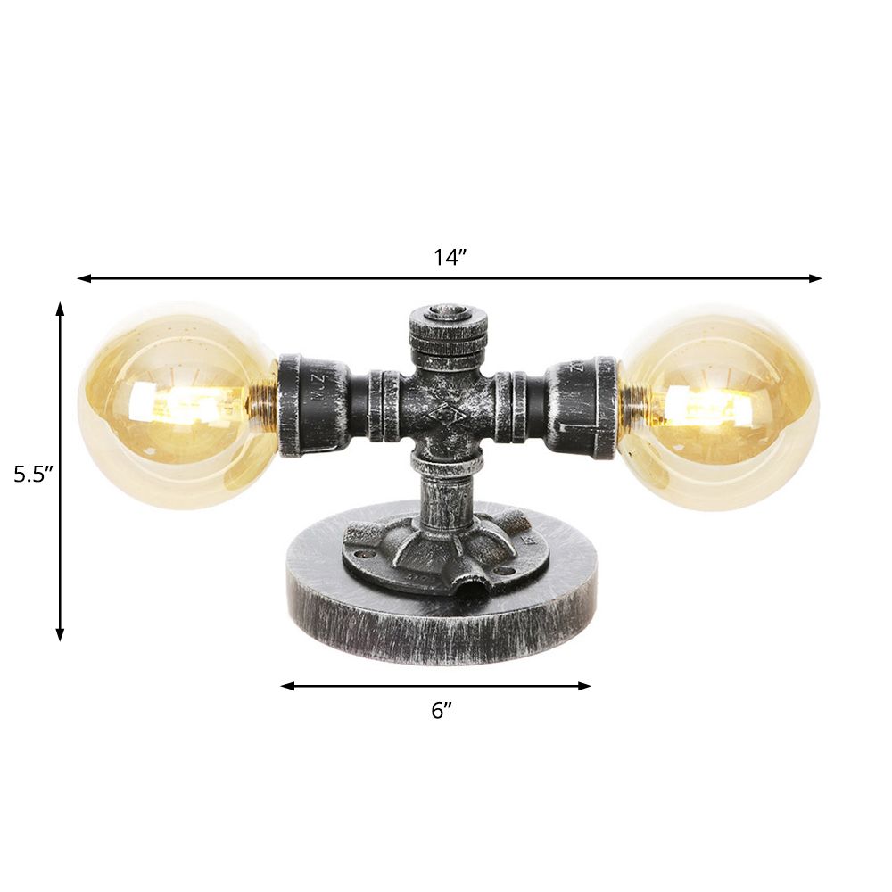 Industrial Round Shade Table Lamp 2 Lights Clear/Amber Glass Desk Light in Antique Silver with Base