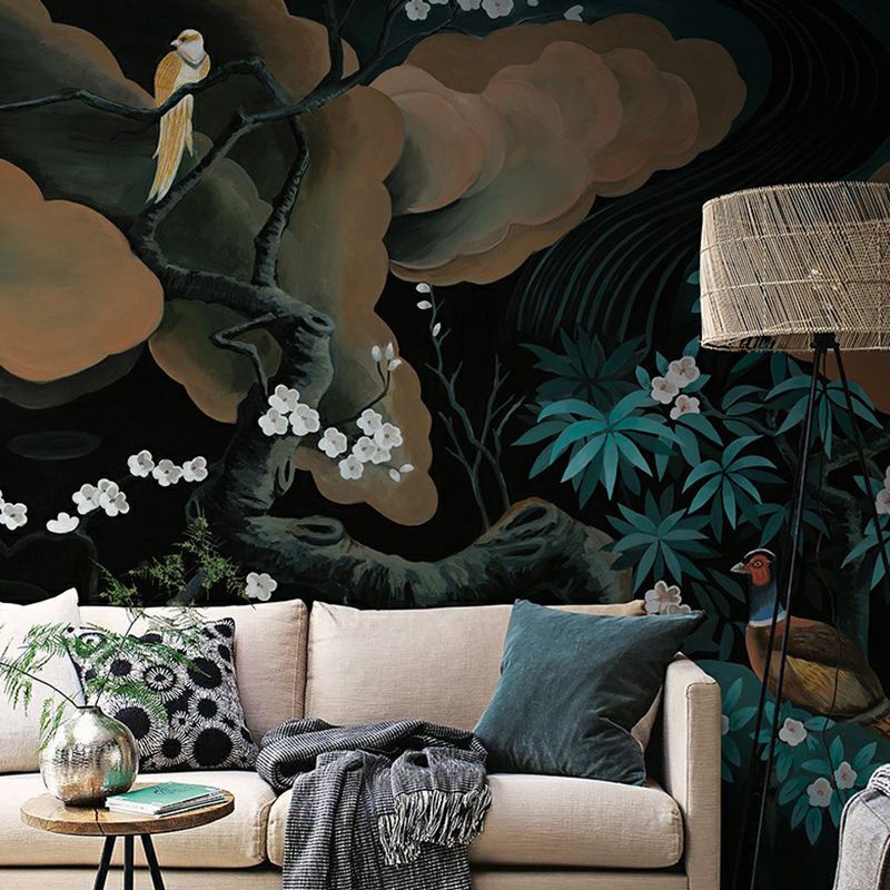 Asia Red-Crown Crane Mural for Accent Wall Personalized Wall Covering in Black-Green