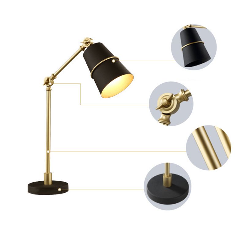 Postmodern Swing Arm Reading Lamp Metallic 1 Head Bedroom Table Light with Cone Shade