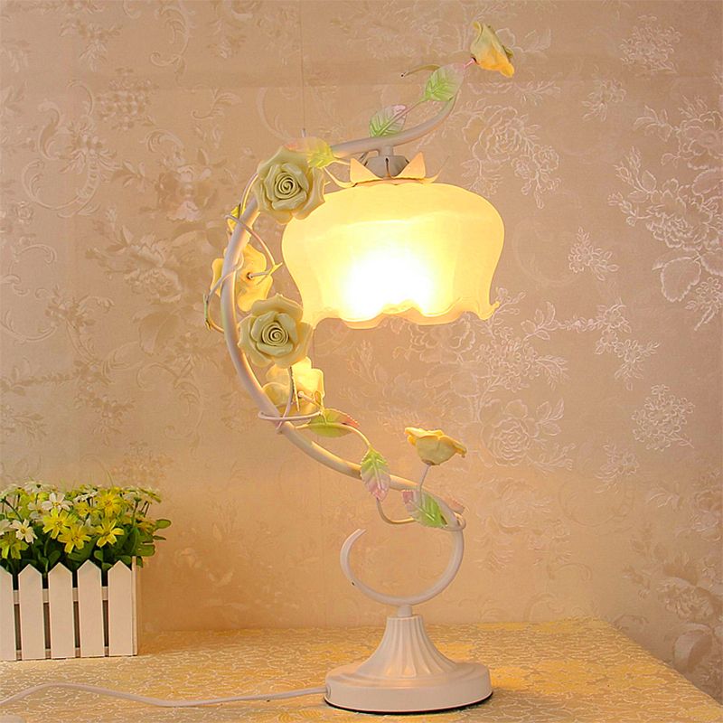 1 Bulb Night Table Lamp Countryside Flower White Glass Nightstand Lighting in Pink/Blue/Green for Bedroom