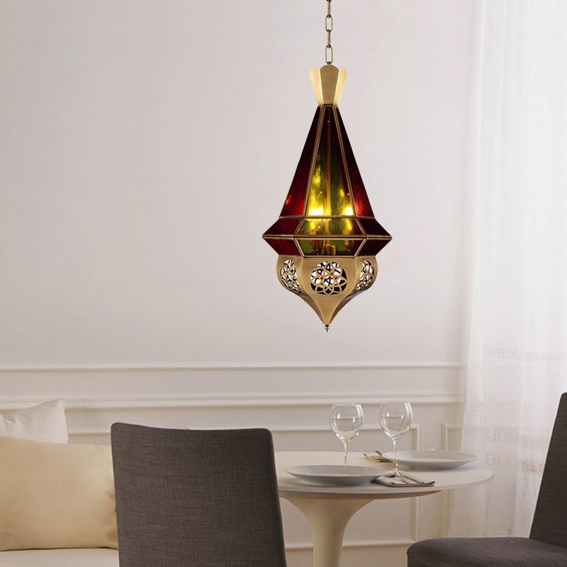 Lampada a ciondolo in metallo affusolato arabo 3 lampadine lampadario ristorante in ottone con tonalità di vetro colorato