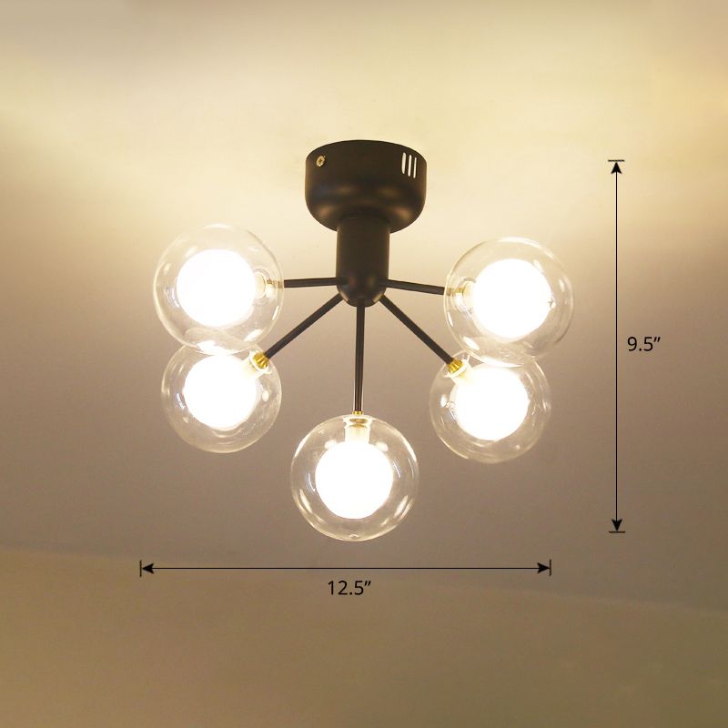 Clear and Frosted Glass Molecule Ceiling Fixture Minimalistic 5-Head Semi Flush Mount Light for Corridor