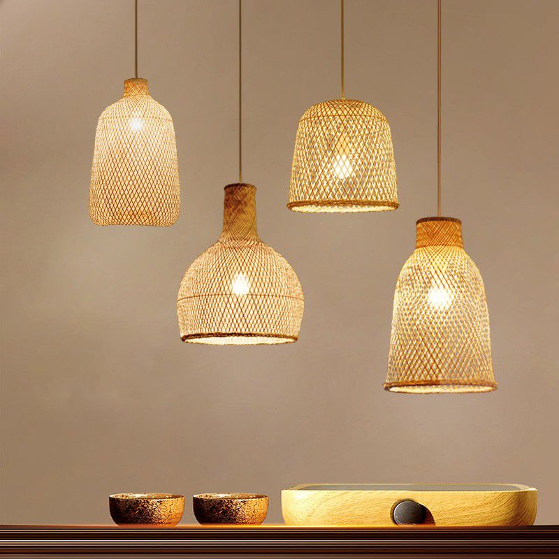 Criss-Crossed Woven Bamboo Pendant Light Minimalist 1-Light Restaurant Hanging Light in Wood