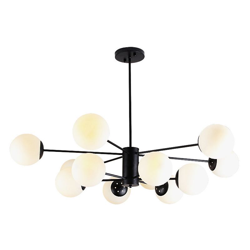 Frosted White Glass Ball Shade Chandelier 12-Light Modern Style Black Pendant Light for Bedroom Living Room