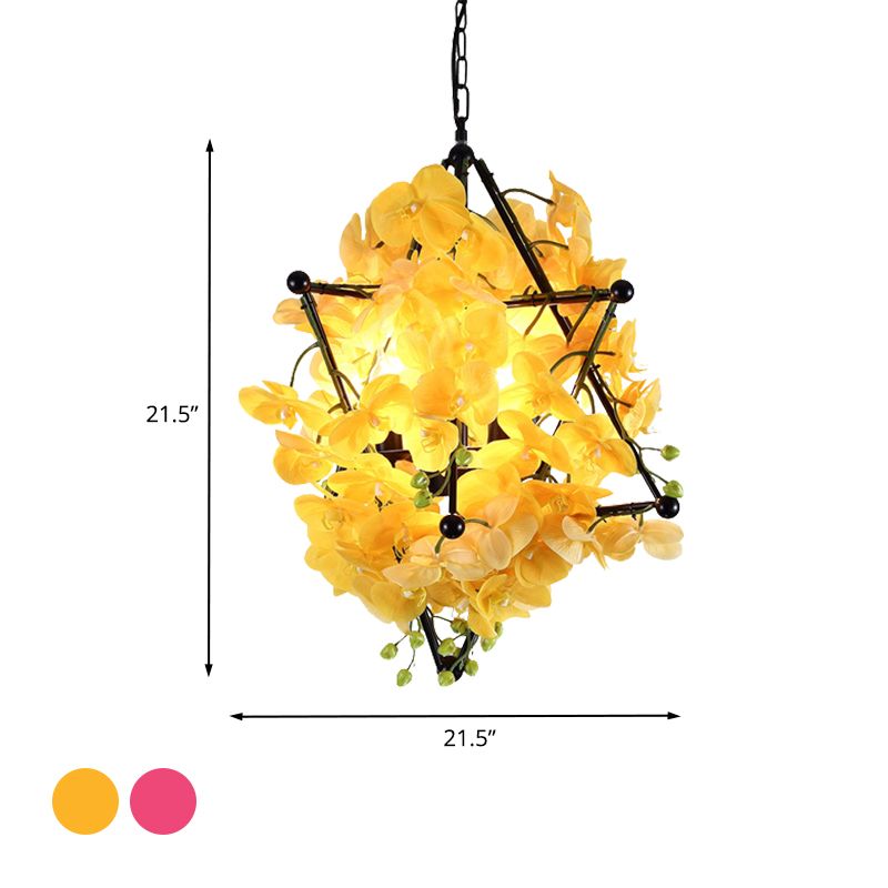 Metal Star Frame Chandelier Lamp Retro Style 4 Lights Restaurant Suspension Pendant with Yellow/Rose Red Floral