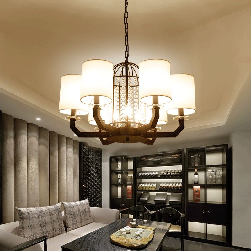 Minimalist Drum Crystal Chandelier Lighting 9/12 Lights Hanging Pendant with White Fabric Shade