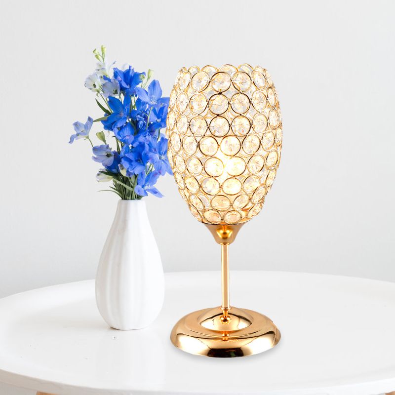 Modernist Cup Shaped Night Table Light Crystal Encrusted 1 Light Bedside Desk Lamp in Gold