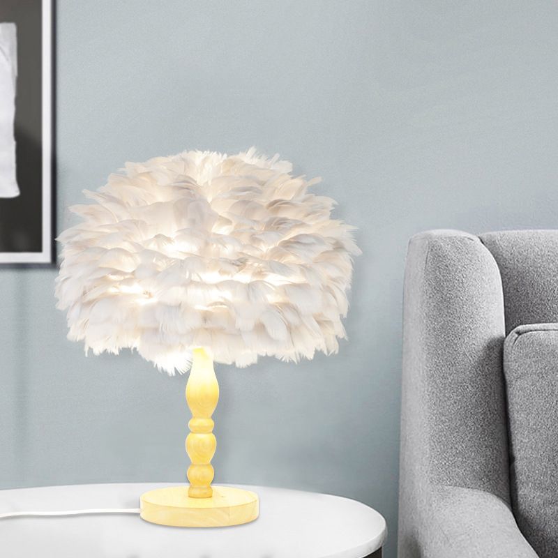 Wood Baluster Table Light Simplicity 1 Bulb Night Stand Lamp with Dome Feather Shade in Grey/White