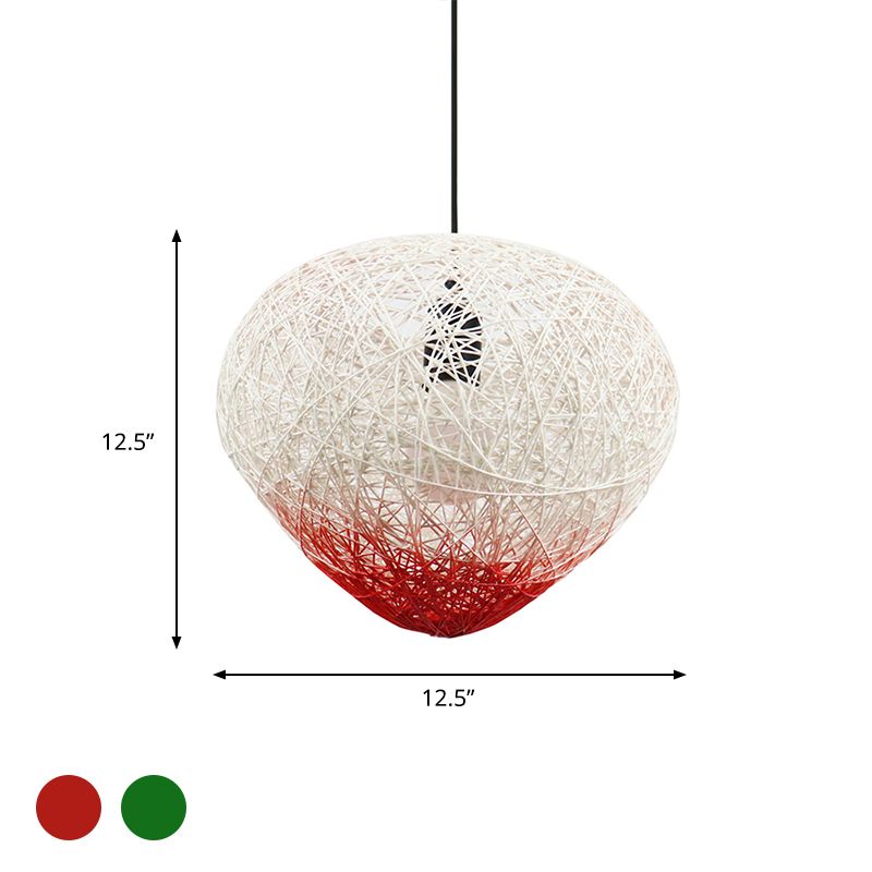 Woven Rattan Bird Nest Hanging Lamp Modern Single Bulb Restaurant Drop Light in Green/Red