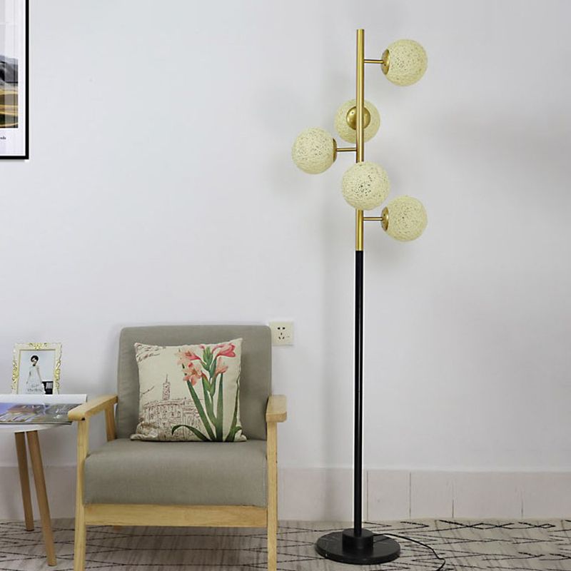 Black-Gold Tree Floor Light Simplicity 5-Bulb Metal Standing Up Lamp with Beige/Milk White Glass Shade