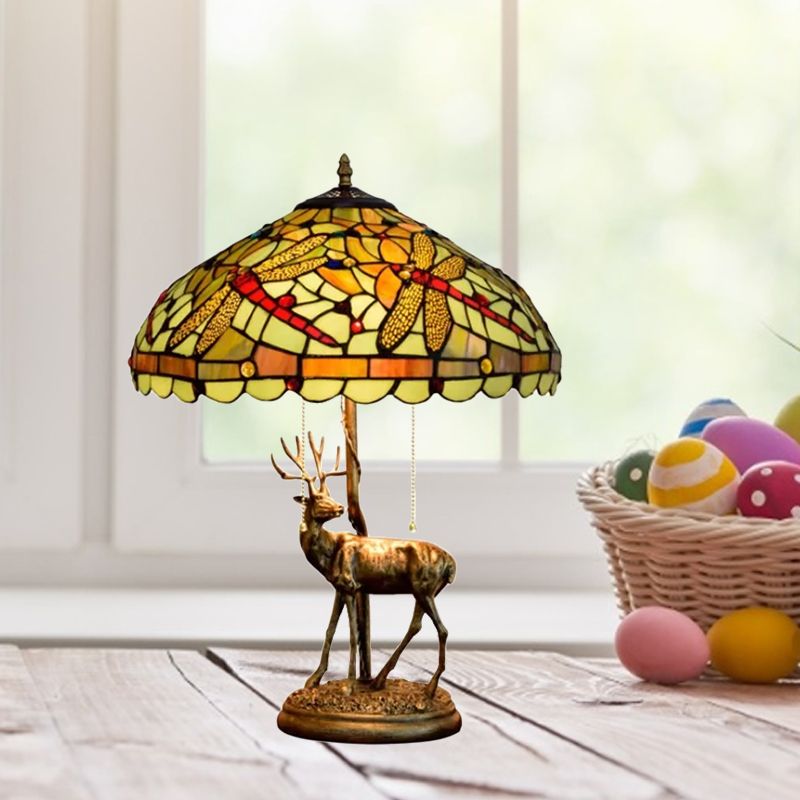 Dragonfly Stained Glass Night Light Mediterranean 2-Bulb Yellow/Orange/Green Table Lamp with Pull Chain and Elk Decor