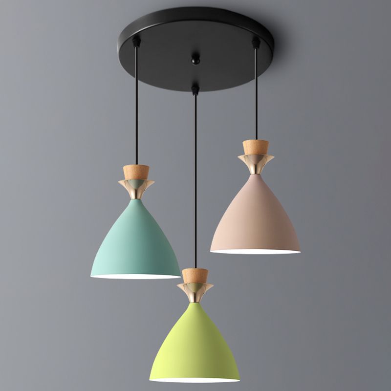 Macaroon 3-Light Cluster Pendant Green-Pink-Yellow Cone Metal Shade Hanging Light with 59" Adjustable Hanging Wire