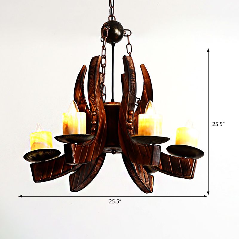 Cylinder Living Room Pendant Chandelier Rustic Style Marble 4 Lights Brown Hanging Fixture with Wood