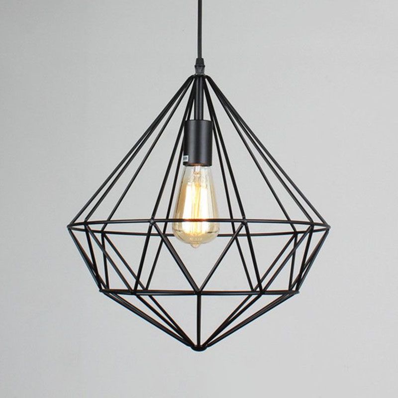 Iron Gemstone Frame Suspension Lighting Retro Style 1 Head Restaurant Pendant Ceiling Light in Black