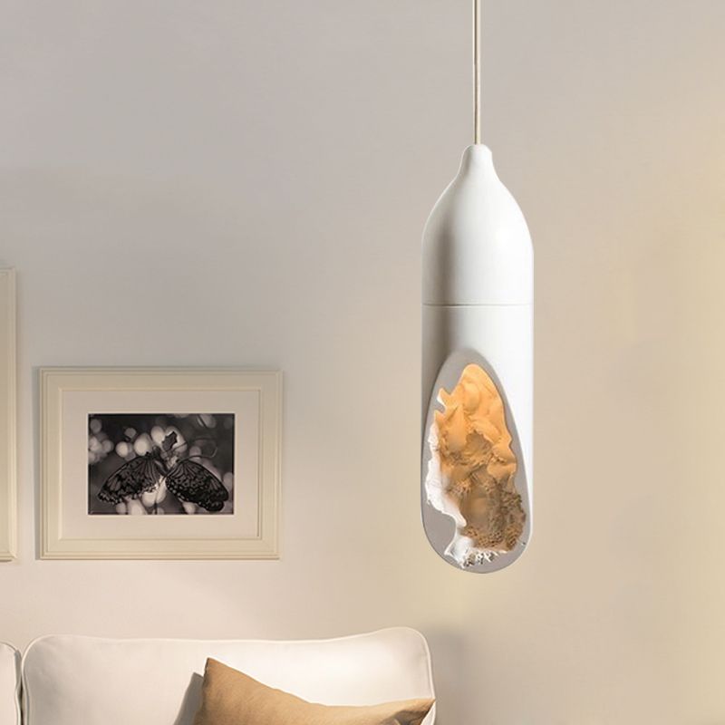 Pill-Shaped Resin Hanging Ceiling Light Farmhouse 1 Light Dining Room Pendant Lamp in White with Hollow-out Design