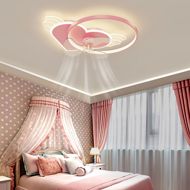 Pink Heart and Ring Ceiling Fan Cartoon LED Metal Semi Flush Light Fixture for Kids Room