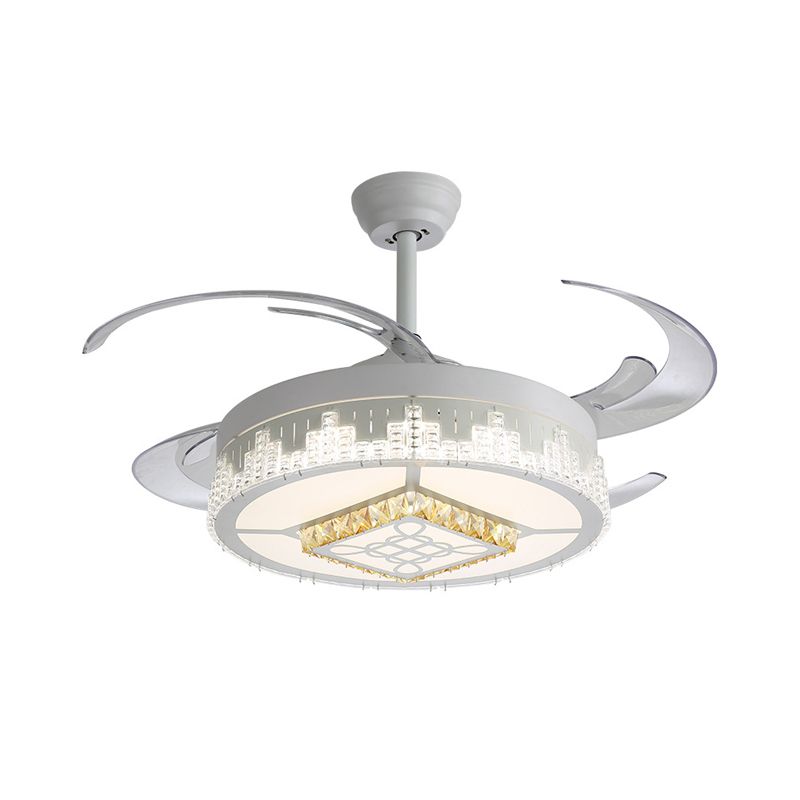 Kristalblokken witte semi -mount licht ronde moderne 4 bladen led plafondventilator lamp met bloem/sneeuwvlok/Chinees knooppatroon, 19 "breed