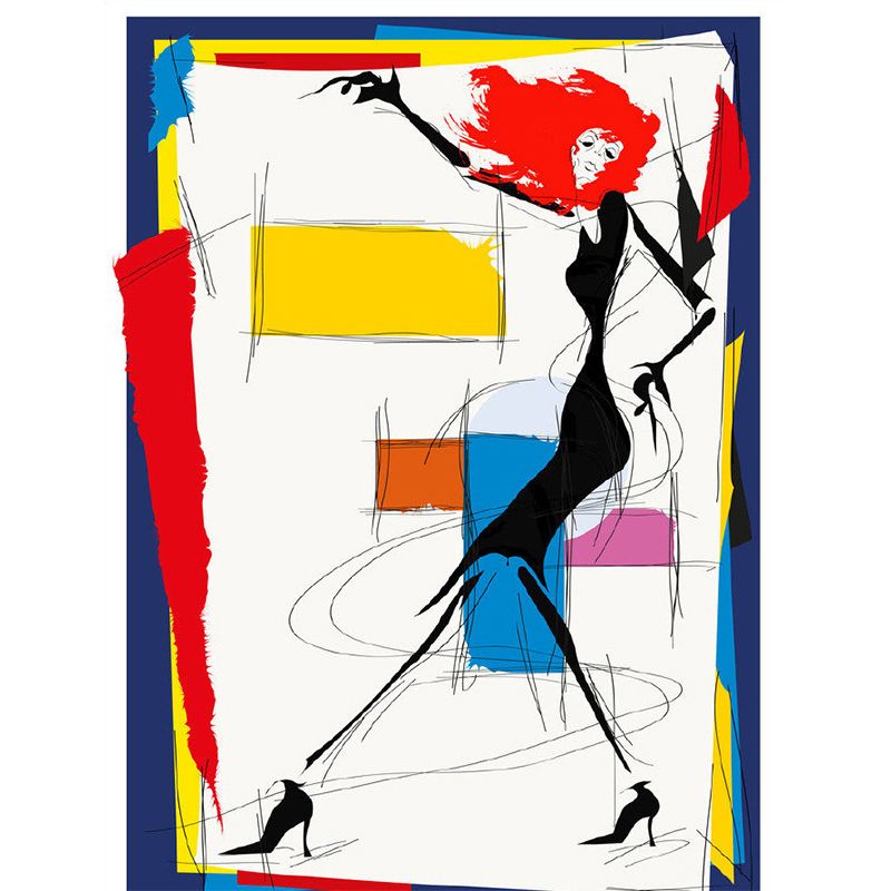 Customized Illustration Art Deco Murals with Fashion Girl Painting, White-Yellow-Blue