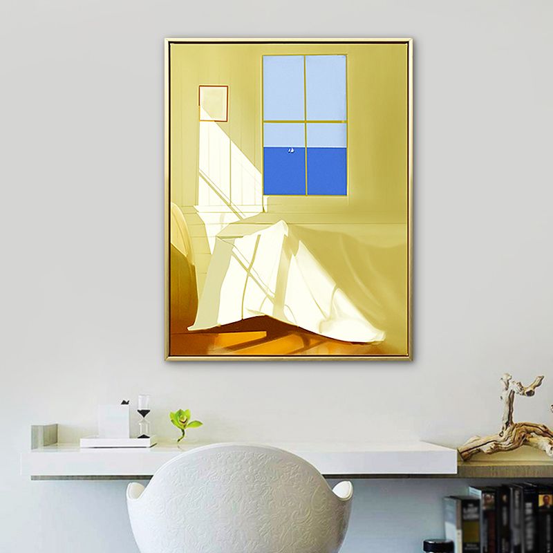 Room with Window Drawing Art Print Textured Nordic Style House Interior Canvas in Yellow