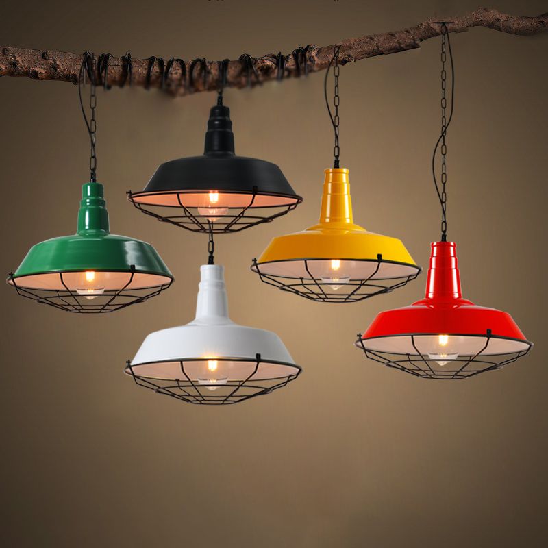 Single-Bulb hanger lichte loft stijl schuurschaduw metalen slinger licht met taps toelopende kooi bodem