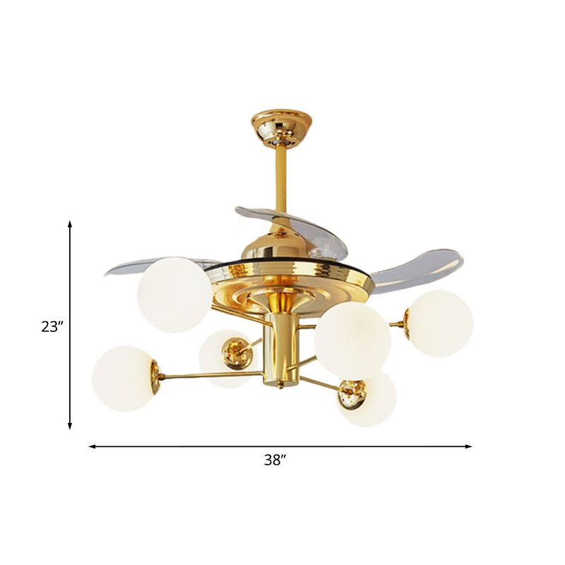 Postmodern 3 Blades Burst Arm Fan Light Milk Glass 6 Heads Living Room Semi Flush Mount Chandelier in Gold, 38" Wide