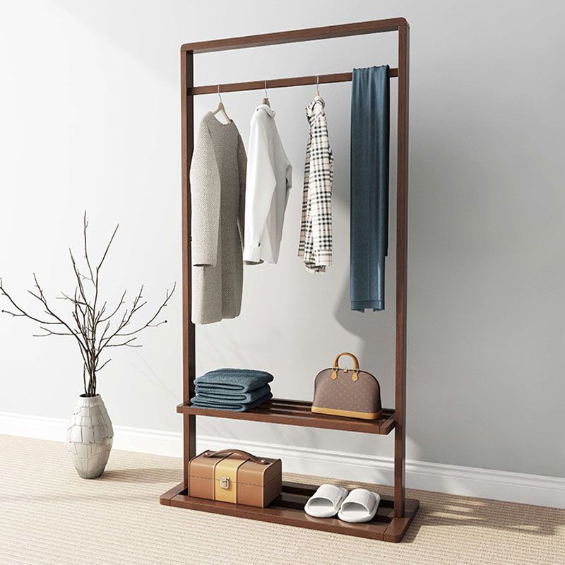 Classic Solid Wood Clothes Hanger Free Standing Coat Rack with Storage Shelving