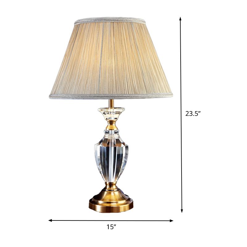 Beige Urn Desk Lamp Modern 1 Head Beveled Crystal Table Light with Cone Fabric Shade