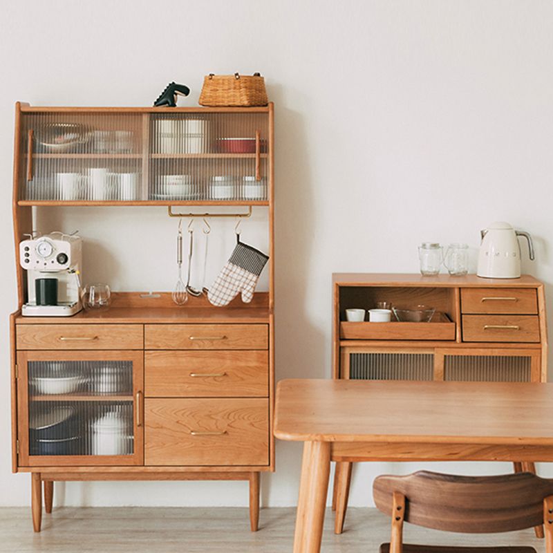 Contemporary Pine Dining Hutch Glass Doors Buffet Cabinet with Doors