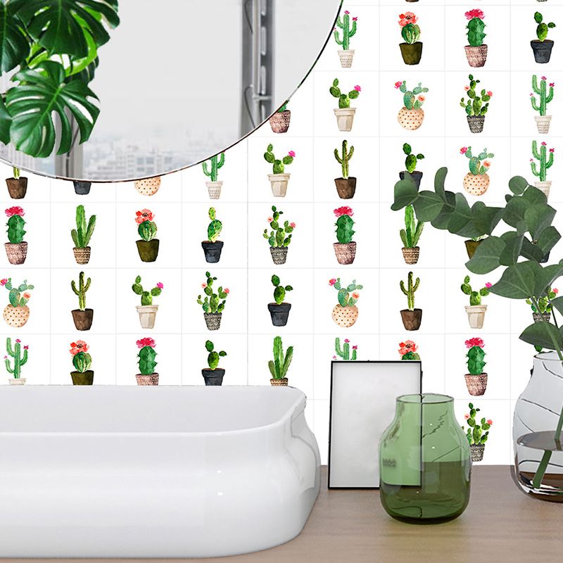 Green Potted Cactus Wallpapers 10 Pcs Easy Peel off Wall Art for Washroom, 12' L x 12" W