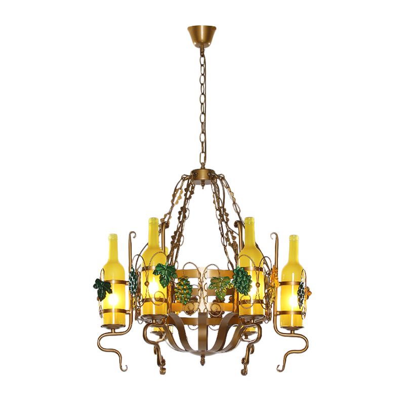 Wine Bottle Bistro Chandelier Light Industrial Yellow Glass 6-Light Antiqued Brass Pendant Lighting Fixture