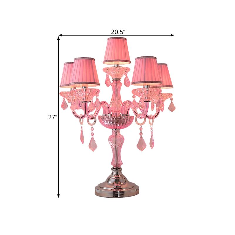 Candle Bedroom Table Light Traditional Crystal Spears 5/6/7 Bulbs Pink Nightstand Lamp with Pleated Fabric Shade