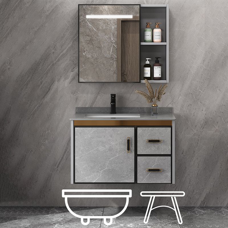 Single Sink Bathroom Vanity Rectangle Grey Wall Mount Bath Vanity Set with Mirror