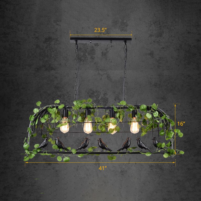 Birdcage Iron Island Pendant Light Vintage Restaurant Ceiling Light with Decorative Ivy in Black