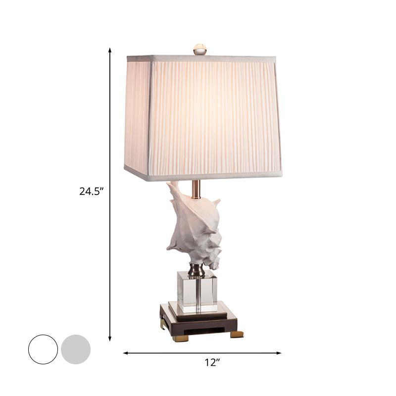 Silver/White Conch Shell Night Light Countryside Resin 1 Head Dining Table Lamp with Square Pleated Fabric Shade