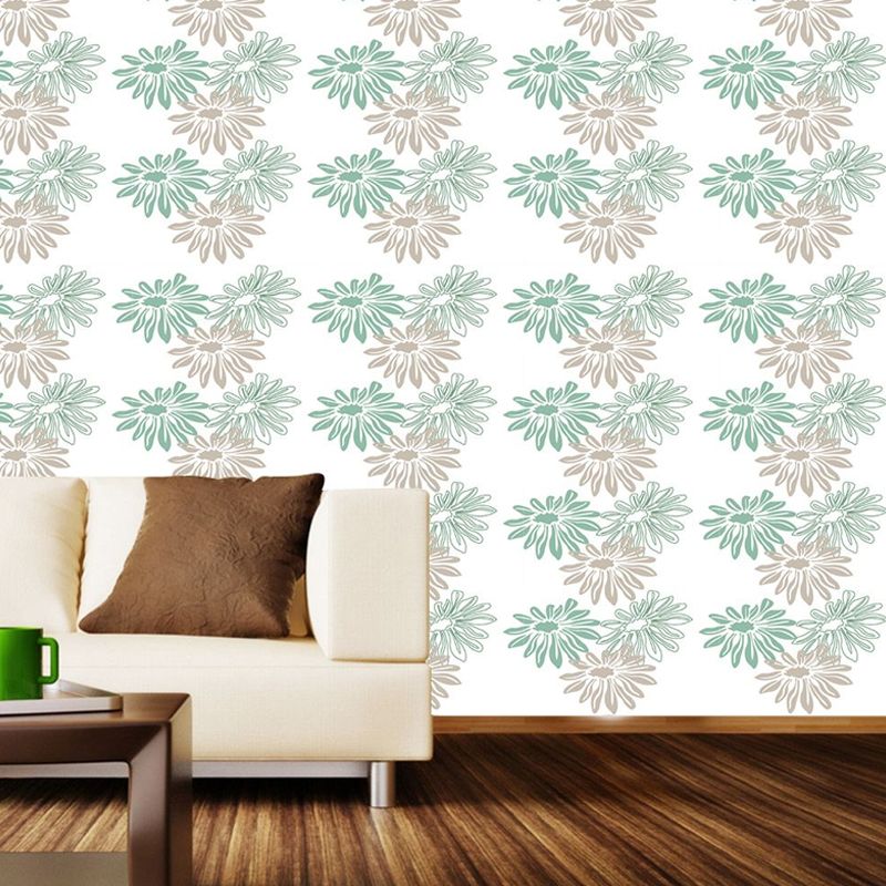Rustic Daisy Flower Wallpaper Panels PVC Easy Peel off Green Wall Covering for Home