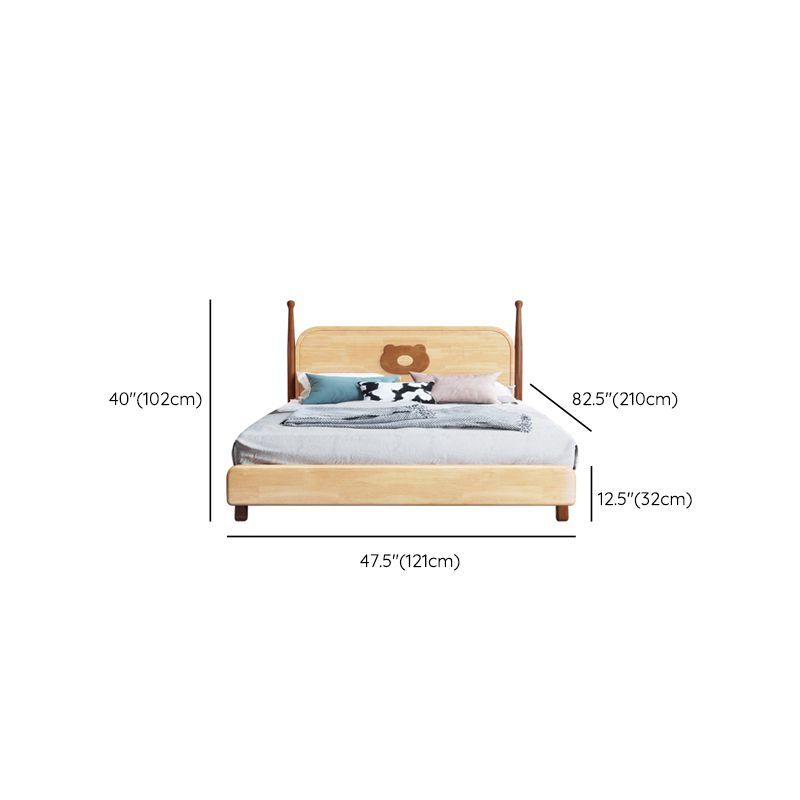 Solid Wood Platform Bed Brown Rubberwood Kids Bed with Headboard