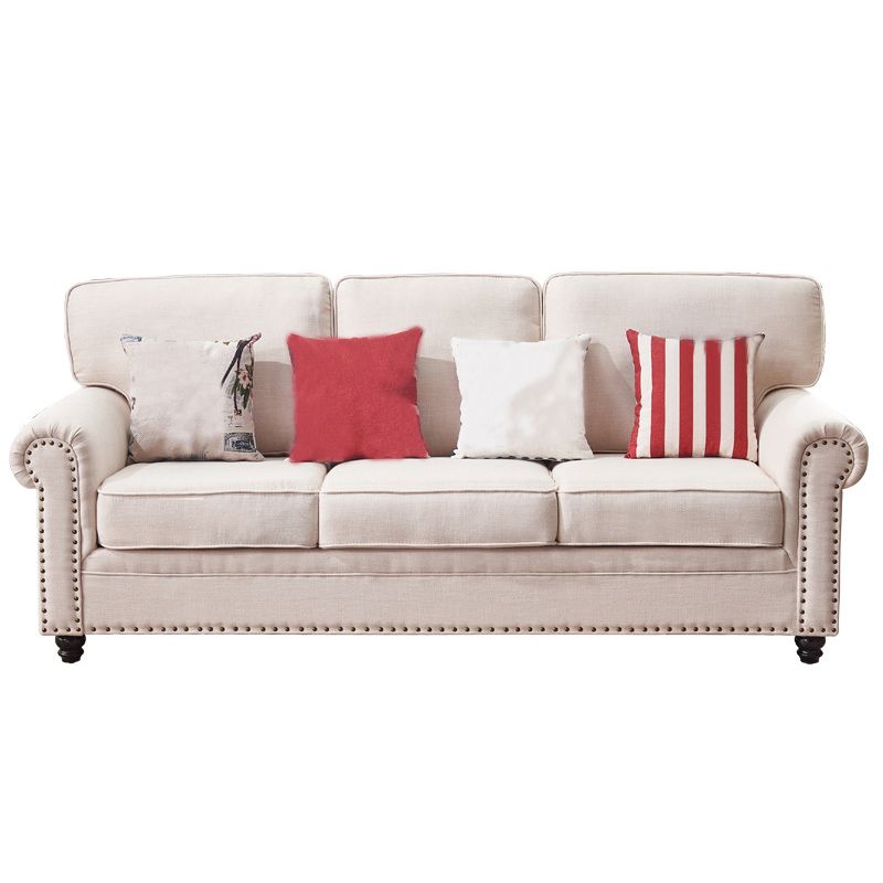 Traditional Biege Pillow Back Couch Rolled Arm Sofa with Nailhead Trim