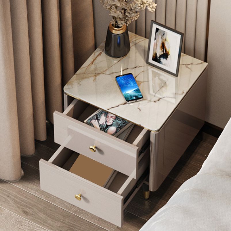 Modern Bedside Cabinet Stone Accent Table Nightstand with 2 Drawers