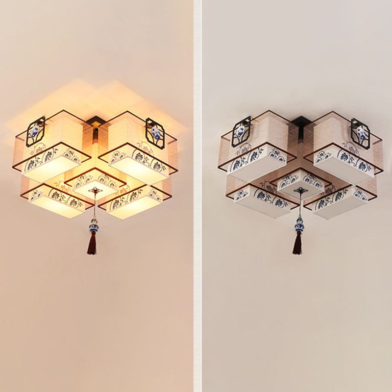 Beige Geometric Semi Flush Mount in Traditional Simplicity Wrought Iron Ceiling Light with Fabric Shade