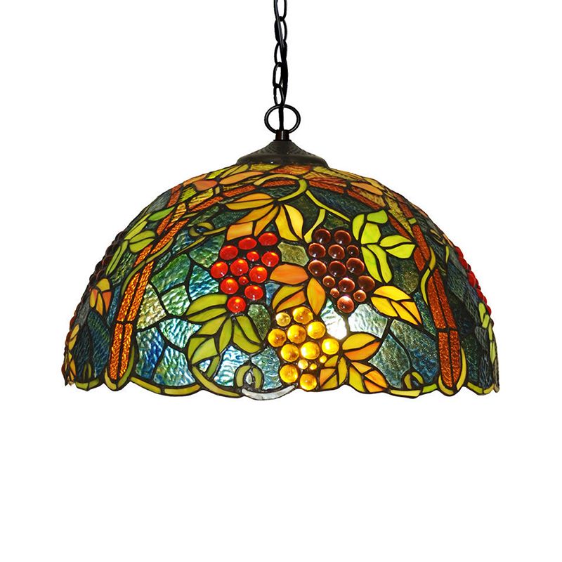 2-Bulb Domed Chandelier Light Fixture Tiffany Green Cut Glass Pendant Light with Grape Pattern