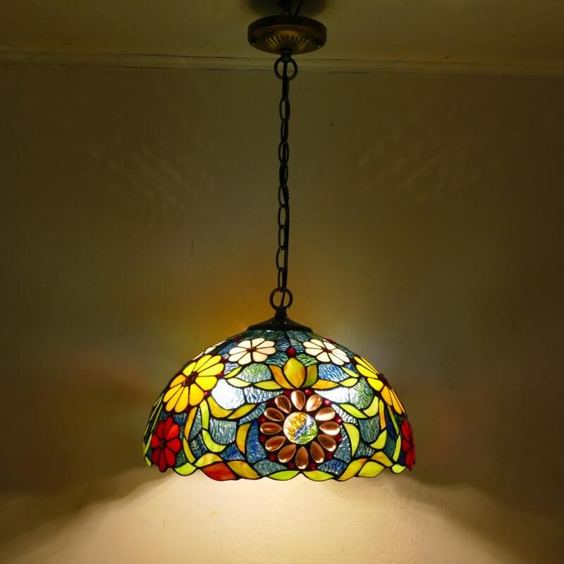 Multi-Color Hanging Ceiling Light Victorian Stained Glass Bowl Shaped Chandelier Lighting Fixture